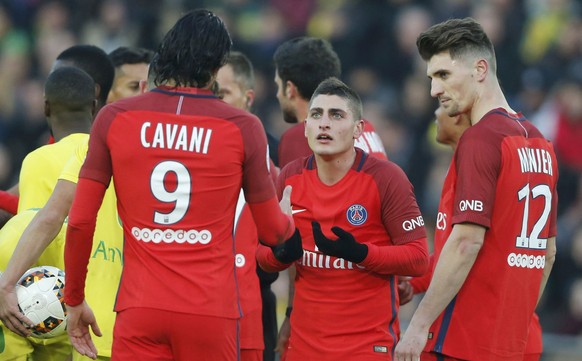 Football Soccer - FC Nantes v Paris St Germain French Ligue 1 - La Beaujoire stadium in Nantes, France - 21/1/17. Paris Saint-Germain&#039;s Marco Verratti reacts after he get a yellow card duting the ...