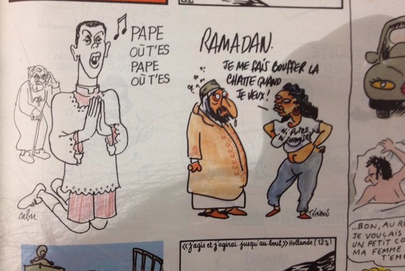 Auch die Karikatur rechts hat es in sich: «Ramadan», steht da.«Ich lass mir die Pussy kauen, wann ich will», sagt die junge Frau zum Muslim. 