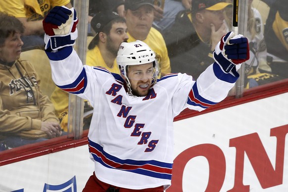 New York Rangers&#039; Derek Stepan celebrates his goal during the third period of a first-round NHL playoff hockey game against the Pittsburgh Penguins in Pittsburgh, Wednesday, April 13, 2016. The P ...