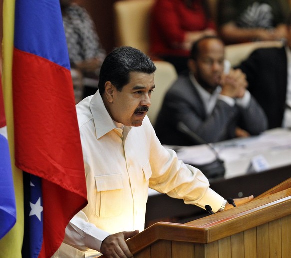 epa05902106 Venezuelan President Nicolas Maduro delivers a speech at the closing of the 15th Political Council of the Bolivarian Alliance for the Peoples of our America-Treaty of Commerce of the Peopl ...