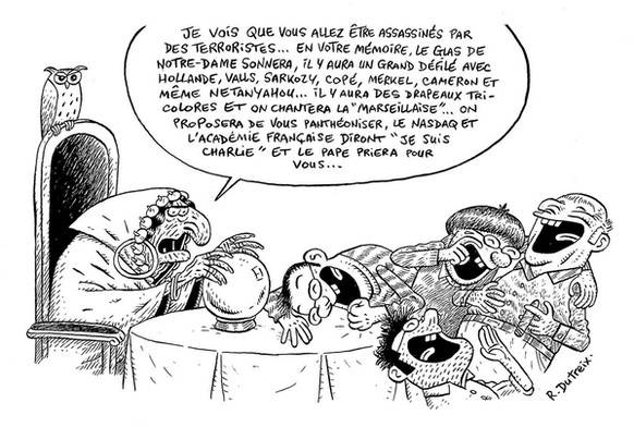 Die verstorbenen Karikaturisten lachen sich schlapp, als ihnen die Zukunft vorausgesagt wird: «Ich sehe, ihr werdet von Terroristen getötet werden... Im Gedenken an euch werden die Glocken vom Notre-D ...