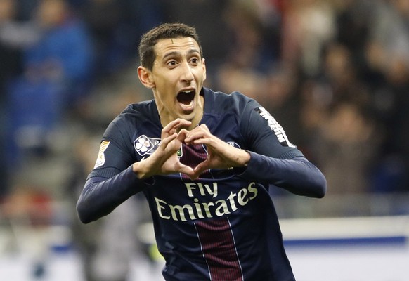 FILE - In this April 1, 2017, file photo, Paris Saint Germain&#039;s Angel Di Maria celebrates after he scored a goal against Monaco during their League Cup final soccer match in Decines, France. A Fr ...