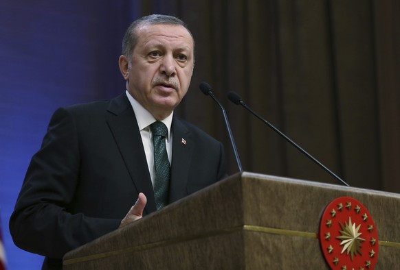 Turkey&#039;s President Recep Tayyip Erdogan speaks during an award ceremony in Ankara, Turkey, Thursday, Dec. 29, 2016. Turkey on Thursday rejected Washington&#039;s denials that it has provided weap ...