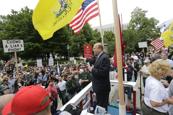 FILE - In this June 11, 2013, file photo, Assemblyman Bill Nojay, R-Pittsford, speaks during a gun-rights rally in Albany, N.Y. Republican Party officials say Nojay, a state assemblyman from the great ...