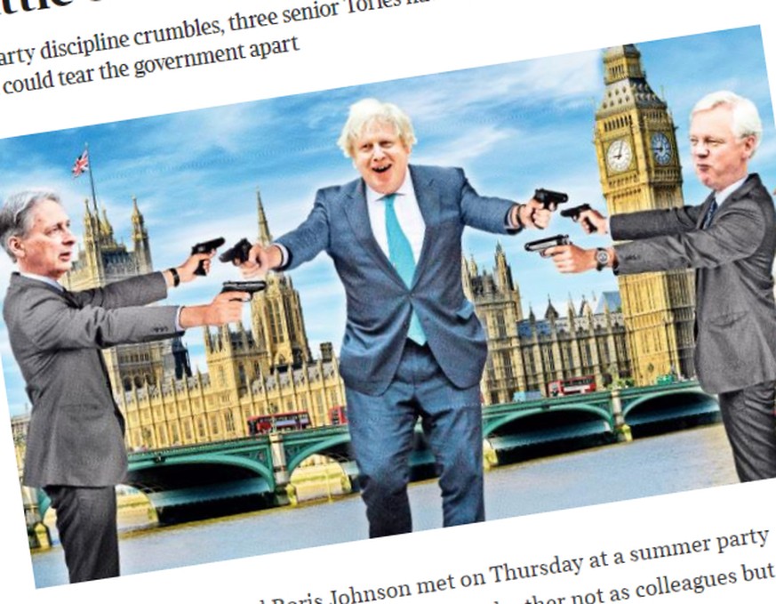 So sieht es die «Sunday Times»: Philip Hammond (links), Boris Johnson (Mitte) und David Davis (rechts) schiessen sich gegenseitig nieder.&nbsp;