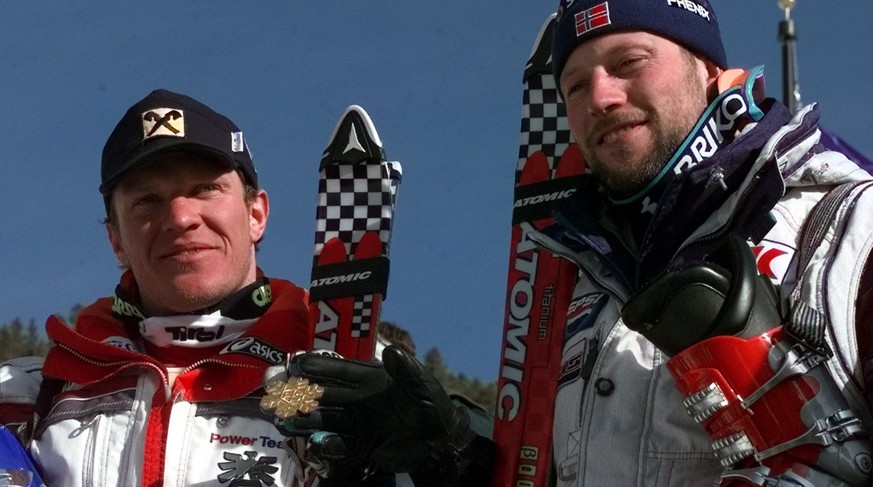 Co-gold medal winners in the Super-G Austria&#039;s Hermann Maier, left, and Norway&#039;s Lasse Kjus display their medals at the World Alpine Championships in Beaver Creek, Colo, Tuesday, Feb. 2, 199 ...