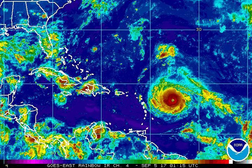 This Monday, Sept. 4, 2017, satellite image provided by the National Oceanic and Atmospheric Administration shows Hurricane Irma nearing the eastern Caribbean. Hurricane Irma grew into a powerful Cate ...
