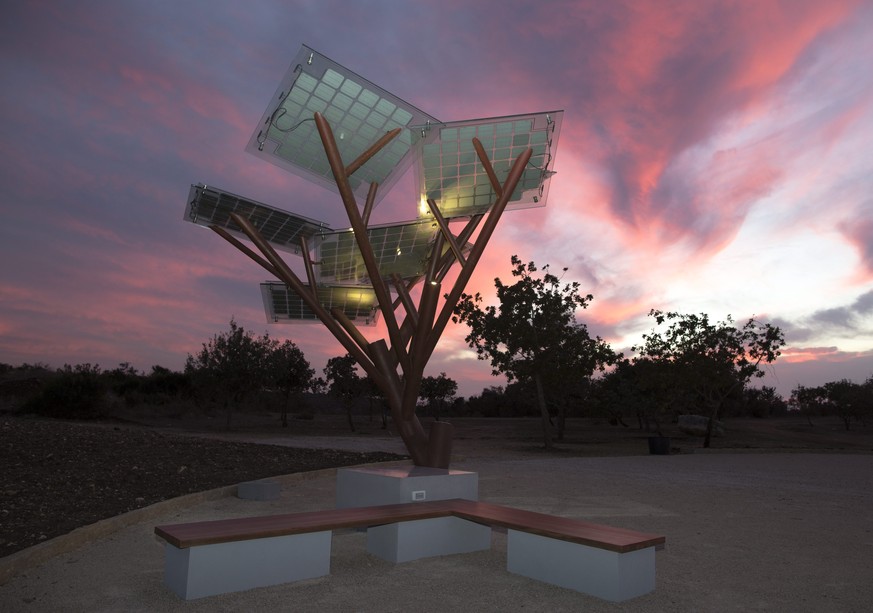 epa04458290 The lights of the eTree come on as it gets dark at the prototype unit set up in a park in Zichron Yacov, northern Israel, 22 October 2014. The eTree is billed as an ecological sculpture as ...