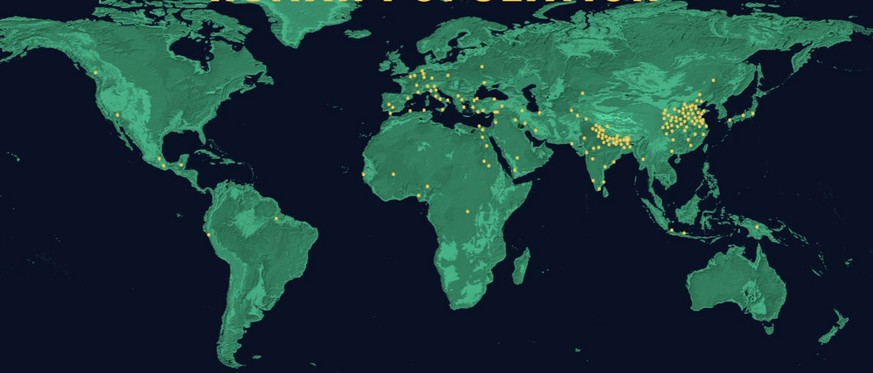 Die Weltbevölkerung bei der Zeitenwende um das Jahr 1 herum. Jeder gelbe Punkt entspricht einer Million Leute.&nbsp;
