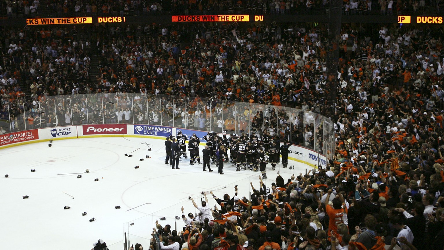 Anaheim Ducks celebrate their Stanley Cup win over the Ottawa Senators, 6-2, in Game 5 of Stanley Cup hockey finals in Anaheim, Calif., Wednesday, June 6, 2007. (AP Photo/Kevork Djansezian)