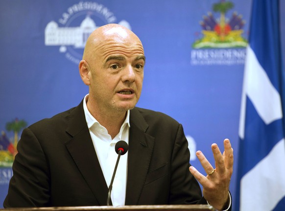 FILE - In this Saturday, April 29, 2017 file photo, FIFA President Gianni Infantino gives a press conference at the National Palace in Port-au-Prince, Haiti. An accelerated process to hand North Ameri ...