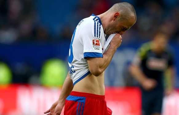 HAMBURG, GERMANY - FEBRUARY 07: Josip Drmic #18 of Hamburg reacts during the Bundesliga match between Hamburger SV and 1. FC Koeln at Volksparkstadion on February 7, 2016 in Hamburg, Germany. (Photo b ...