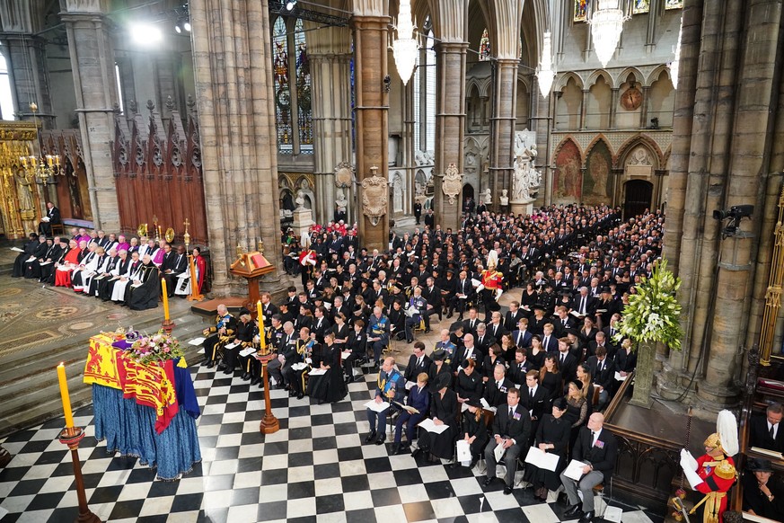 The funeral service of Queen Elizabeth II at Westminster Abbey in central London, Monday Sept. 19, 2022. The Queen, who died aged 96 on Sept. 8, will be buried at Windsor alongside her late husband, P ...