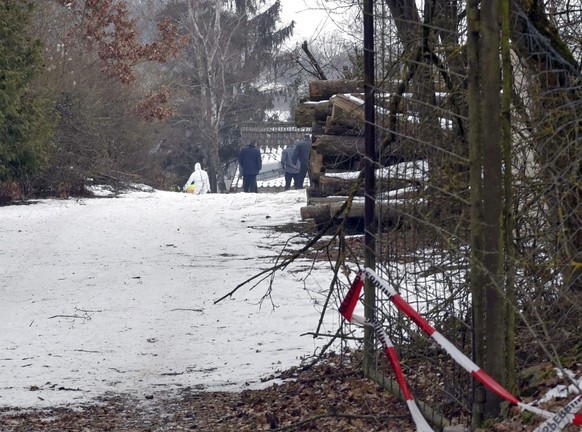 epa05760126 Crime scene investigators carry a coffin at a garden property in Arnstein near Wuerzburg, Germany, 29 January 2017. On early 29 January, six teenagers aged 18 to 19, including the arbour o ...