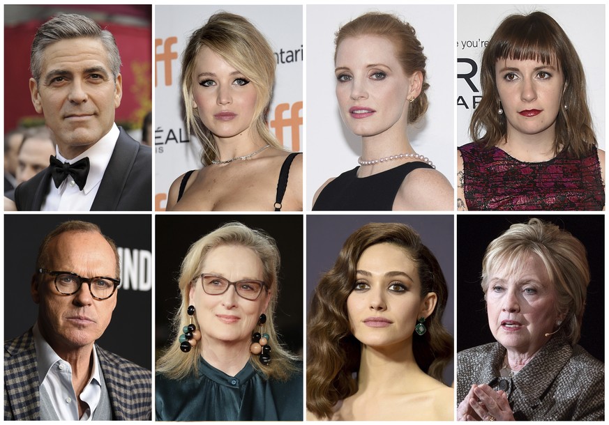 This combination photo shows, top row from left, George Clooney, Jennifer Lawrence, Jessica Chastain, Lena Dunham, bottom row from left, Michael Keaton, Meryl Streep, Emmy Rossum and Hillary Clinton,  ...