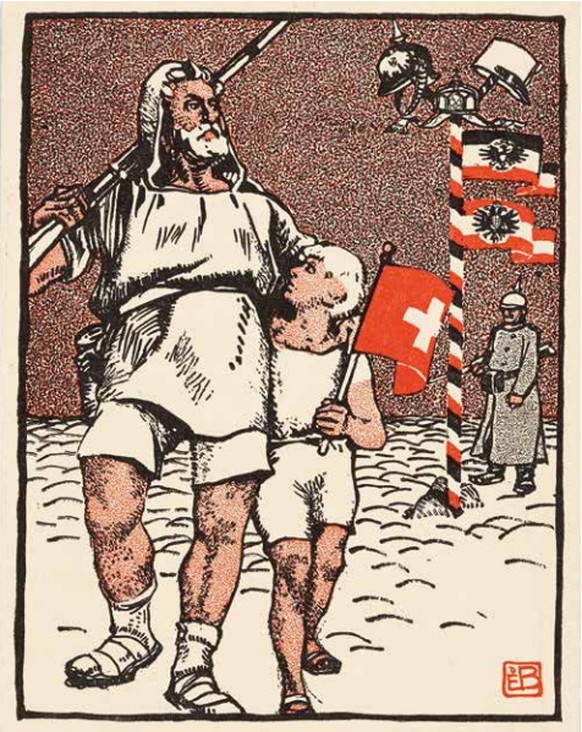 Postkarte, 1914: Tell und Walter gehen ihren eigenen Weg und lassen die Pickelhaube ungegrüsst hinter sich. 