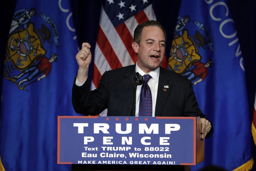 FILE - In a Nov. 1, 2016 file photo, Republican National Committee (RNC) Chairman Reince Priebus campaigns for Republican presidential candidate Donald Trump during a rally at the University of Wiscon ...