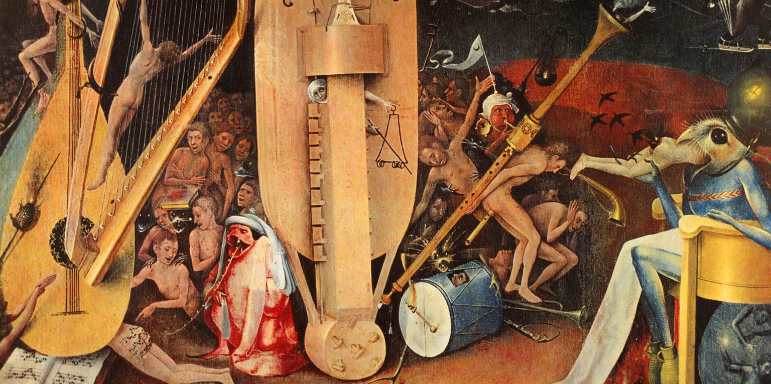 Die Musikantenhölle, Ausschnitt aus dem Tryptichon «Der Garten der Lüste», rechter Flügel, von Hieronymus Bosch.