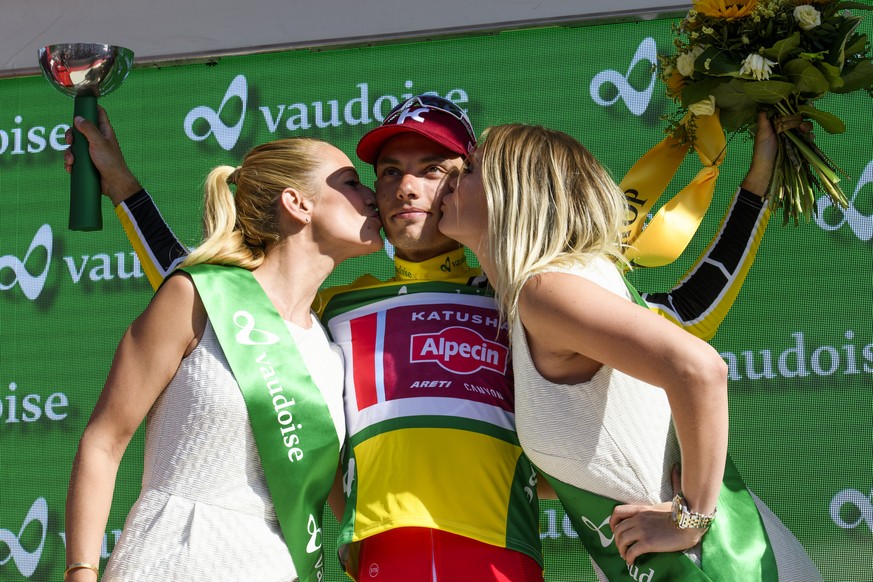 Simon Spilak from Slovenia of Team Katusha Alpecin reacts in the leader jersey after the 8th stage, a 100 km race in Schaffhausen, Switzerland, at the 81st Tour de Suisse UCI ProTour cycling race, on  ...