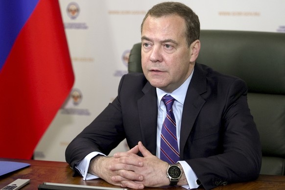 Russian Security Council Deputy Chairman and the head of the United Russia party Dmitry Medvedev speaks during a meeting in St. Petersburg, Russia, Wednesday, July 6, 2022. Medvedev warned the U.S. We ...
