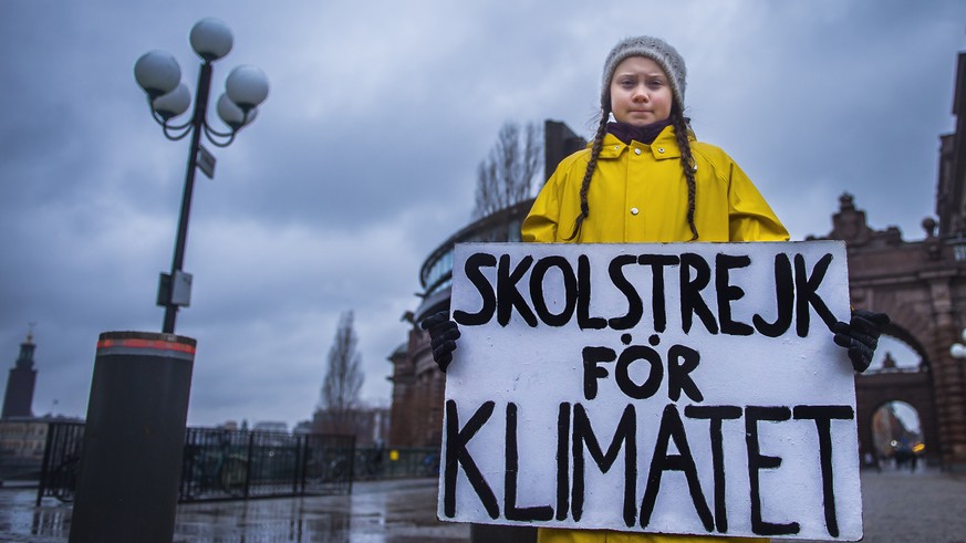 epaselect epa07199174 Swedish 15-year-old girl Greta Thunberg holds a placard reading &#039;School strike for the climate&#039;, during a protest against climate change outside the Swedish parliament  ...