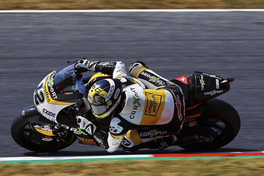 epa06018720 Swiss Moto2 rider Thomas Luthi of the CarXpert Interwetten team in action during the first training session of the Motorcycling Grand Prix of Catalonia at Montmelo racetrack near Barcelona ...