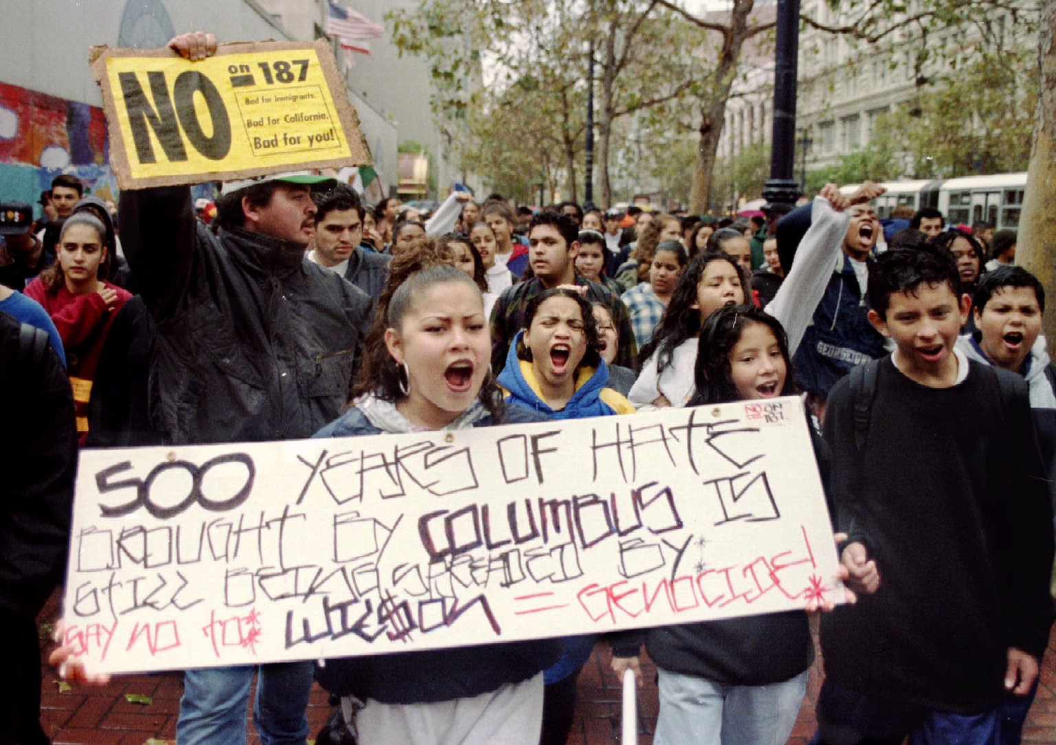 Hundreds of mainly Latino students chant as they march in downtown San Francisco November 9 to protest the passage of Proposition 187. Proposotion 187 approves a sweeping crackdown on illegal immigran ...