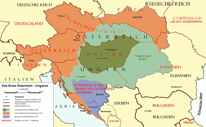 In der Habsburger Doppelmonarchie hatte Ungarn den transleithanischen Reichsteil (helles Grün) beherrscht. Nach dem Ersten Weltkrieg verlor es die Slowakei, Siebenbürgen und Kroatien.&nbsp;