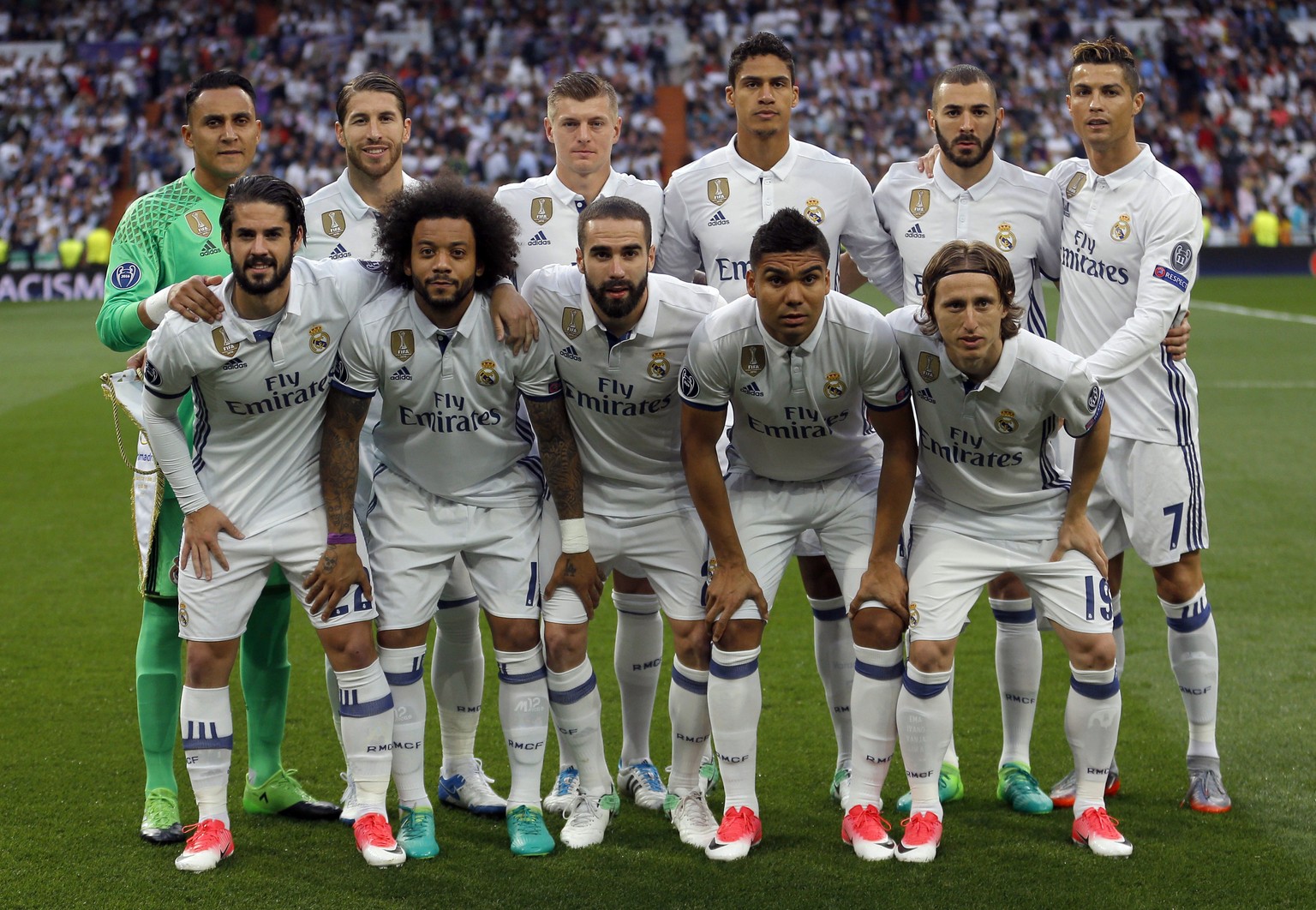 FILE - In this May 2, 2017.file photo, Real Madrid players pose for a photo ahead of the Champions League semifinal first leg soccer match between Real Madrid and Atletico Madrid at the Santiago Berna ...
