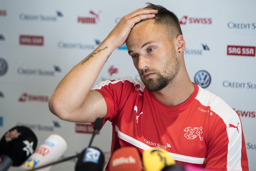 epa05383442 Swiss soccer player Haris Seferovic, speaks during a press conference before a training session, at the Stade de la Mosson stadium, in Montpellier, France, 22 June 2016. EPA/JEAN-CHRISTOPH ...