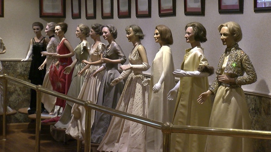 In this Dec. 22, 2016 image from video, wax figures of U.S. first ladies stand on display at the Hall of Presidents and First Ladies in Gettysburg, Pa. The Hall of Presidents and First Ladies Museum i ...