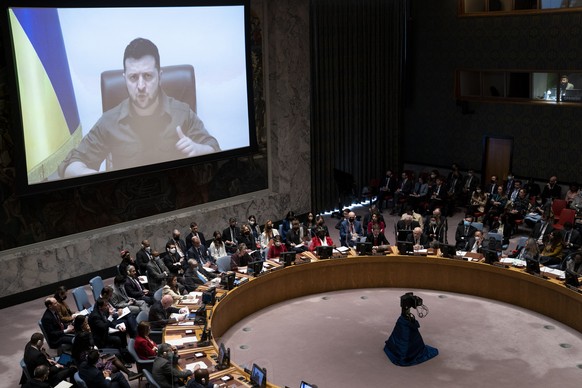 Ukrainian President Volodymyr Zelenskyy speaks via remote feed during a meeting of the UN Security Council, Tuesday, April 5, 2022, at United Nations headquarters. Zelenskyy will address the U.N. Secu ...