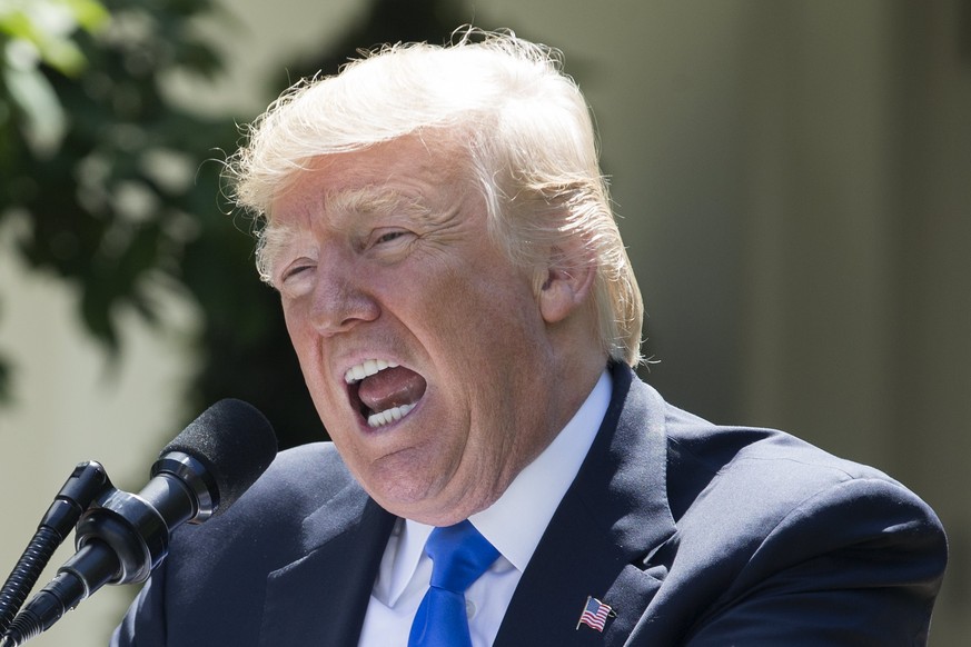 epa06019810 US President Donald J. Trump speaks during a joint news conference with President of Romania Klaus Iohannis (not pictured) in the Rose Garden of the White House, in Washington, DC, USA, 09 ...