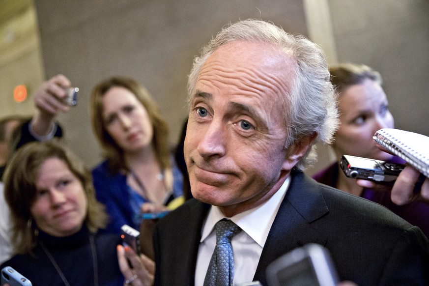 FILE--In this Friday, Oct. 11, 2013 file photo, Sen. Bob Corker, R-Tenn., speaks to reporters on Capitol Hill in Washington about the government stalemate. In a surprise announcement, Tuesday, Sept. 2 ...