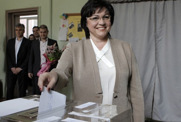 Bulgarian Socialists&#039; Party leader Kornelia Ninova smiles as she casts her vote in Sofia on Sunday, March 26, 2017. Bulgarians are heading to the polls for the third time in four years in a snap  ...