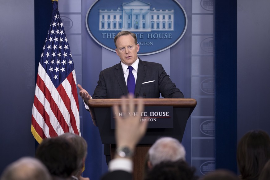 epa05879622 White House Press Secretary Sean Spicer responds to a question from the news media during the daily press briefing in the Brady Press Briefing Room at the White House in Washington, DC, US ...