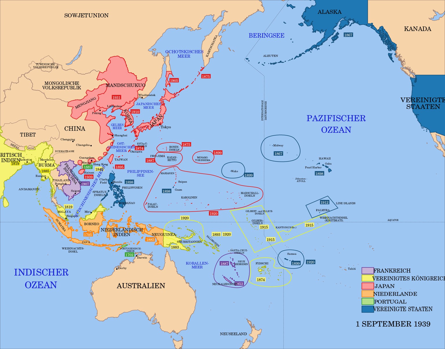 Die niederländischen Kolonien im Pazifik 1939.