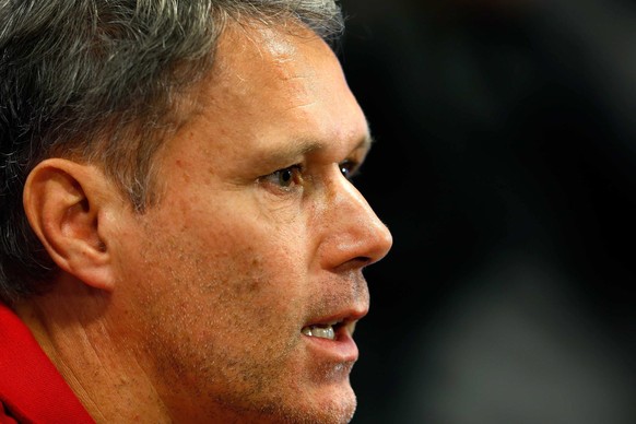 epa04402368 Dutch soccer coach and former football player Marco van Basten announces he will step back as head coach and proceed as assistent at his club AZ Alkmaar, at a press conference in Alkmaar,  ...