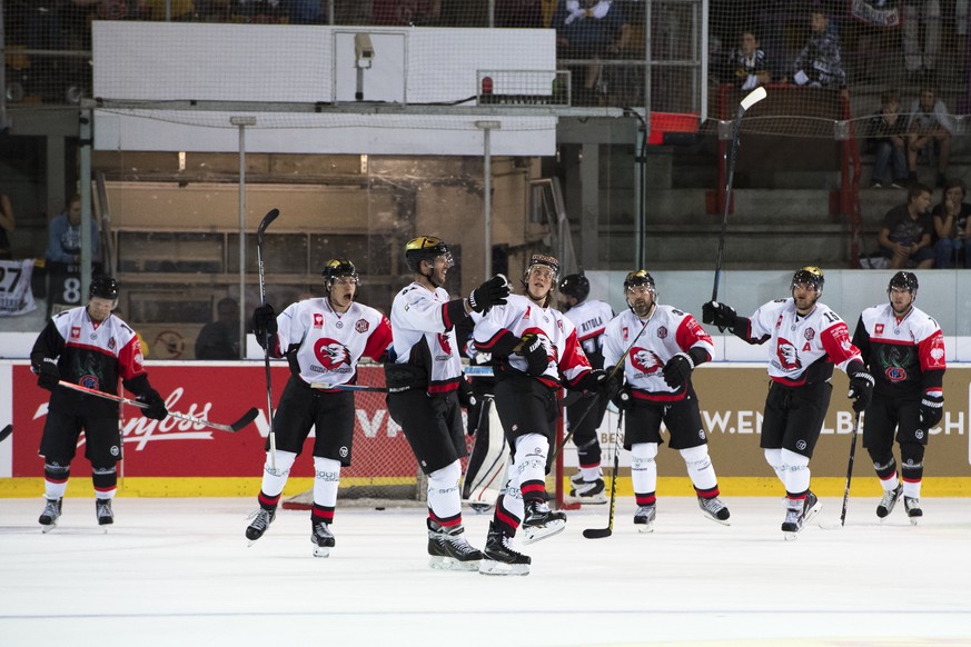 Players of HC Orli Znojmo react after their first goal (1-2) during the Champions Hockey League Group F hockey match between Switzerland&#039;s HC Fribourg Gotteron and Czech Republic&#039;s Znojmo Or ...