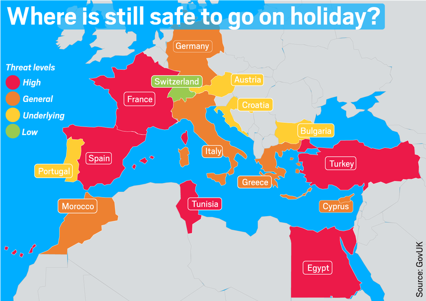 Unsinnige Terrorwarnkarte: Das Risiko auf dem Weg zum Flughafen im Auto zu sterben ist zig Mal grösser, als in einer europäischen Feriendestination durch einen Terroristen umzukommen.