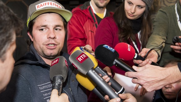 Beat Feuz of Switzerland speaks to journalists during the Swiss-Ski federation press conference of the FIS Alpine Ski World Cup at the Lauberhorn, in Wengen, Switzerland, Wednesday, January 11, 2017.  ...