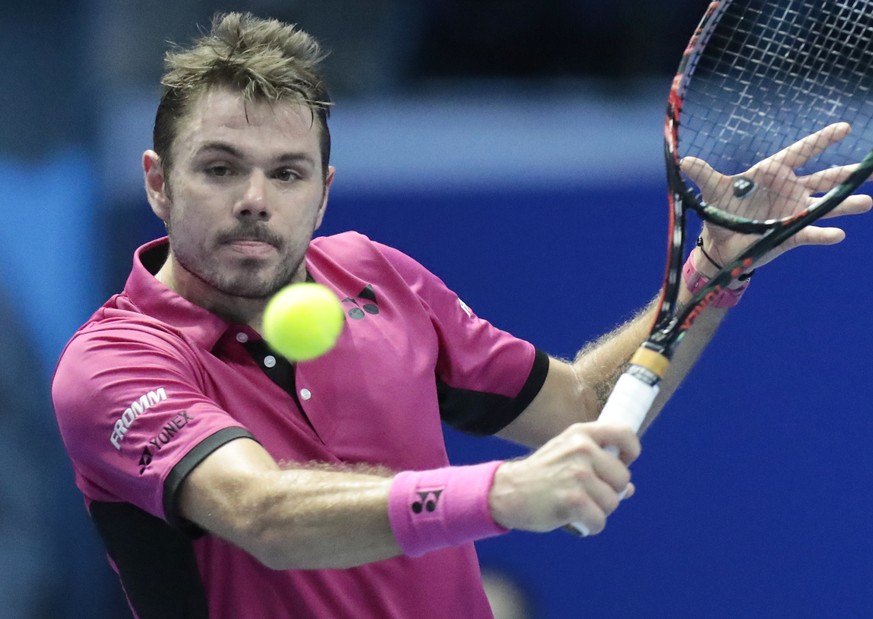 Stan Wawrinka of Switzerland returns the ball to Alexander Zverev of Germany during the St. Petersburg Open ATP tennis tournament final match in St.Petersburg, Russia, Sunday, Sept. 25, 2016. (AP Phot ...