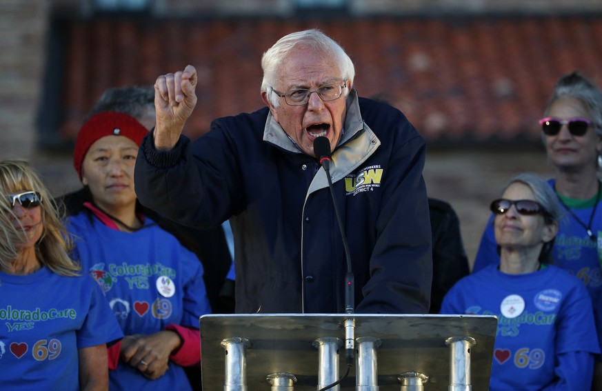 FILE - In this Oct. 17, 2016 file photo, Sen. Bernie Sanders, I-Vt., speaks to supporters at a rally in support of Colorado Amendment 69, a ballot measure to set up the nation&#039;s first universal h ...
