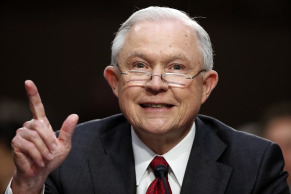 FILE - In this June 13, 2017, file photo, Attorney General Jeff Sessions speaks on Capitol Hill in Washington, as he testifies before the Senate Intelligence Committee hearing about his role in the fi ...