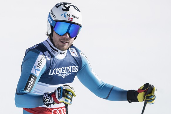 Kjetil Jansrud of Norway reacts in the finish area during the men alpine combined downhill race at the 2017 FIS Alpine Skiing World Championships in St. Moritz, Switzerland, Monday, February 13, 2017. ...