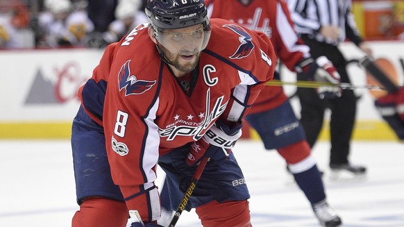 In this photo taken April 29, 2017, Washington Capitals left wing Alex Ovechkin (8), of Russia, looks on during the second period of Game 2 in an NHL hockey Stanley Cup second-round playoff series aga ...