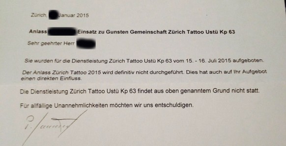 Absage des Anlasses bedeutet Absage des Zivilschutzeinsatzes für das «Zurich Tattoo»-Festival.&nbsp;