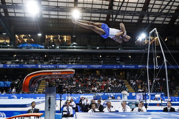 epa05332808 Britain&#039;s Joe Fraser performs on the vault during the junior all-around final at the European Artistic Gymnastics Championships at Postfinance Arena in Bern, Switzerland, 27 May 2016. ...