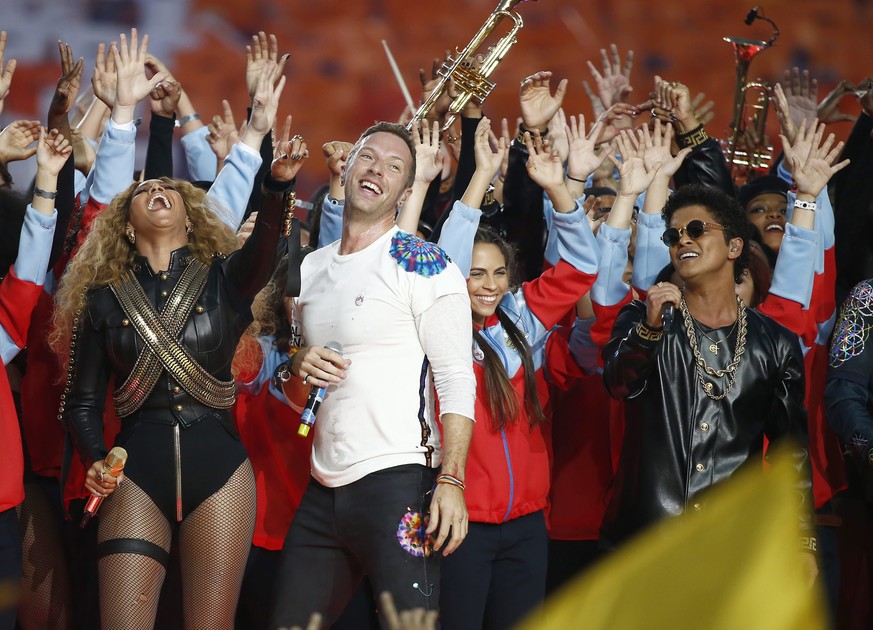 Beyoncé, Coldplay-Sänger Chris Martin und Bruno Mars bei der Halbzeit-Show.
