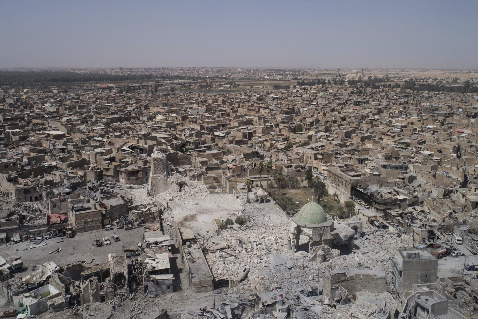 File - This Wednesday, June 28, 2017 file photo, shows an aerial view of the destroyed landmark al-Nuri mosque in the Old City of Mosul, Iraq. Abdul Wahab al-Saadi, an Iraqi commander said Thursday, J ...